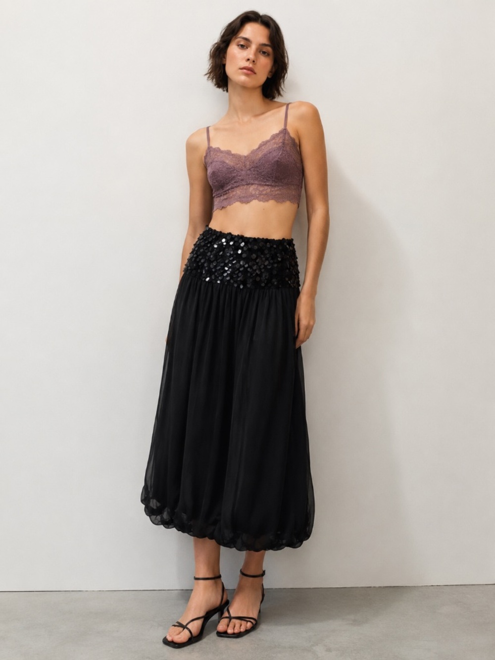 ZARA SEQUIN CHIFFON BUBBLE HEM SKIRT